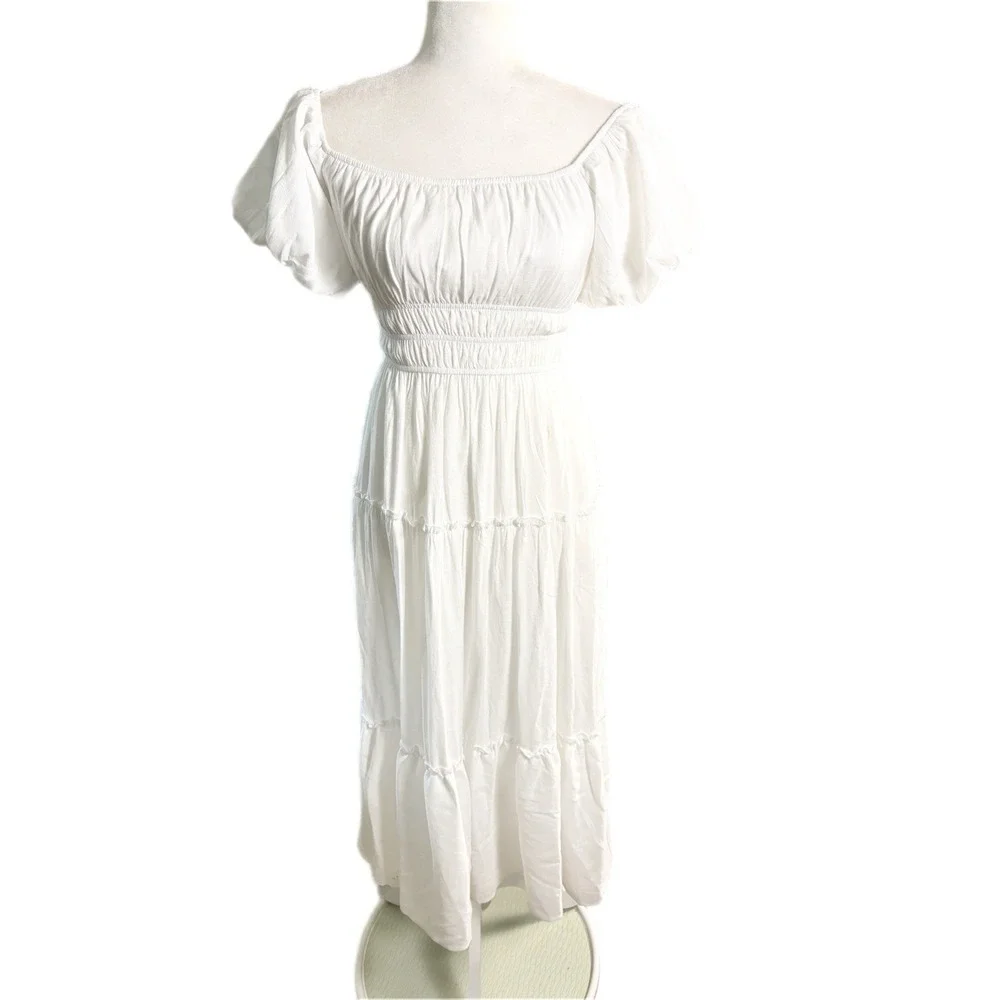 Trixxi‎ Smocked Puff Sleeve Maxi Womens Size S White Tiered Cottagecore Romantic